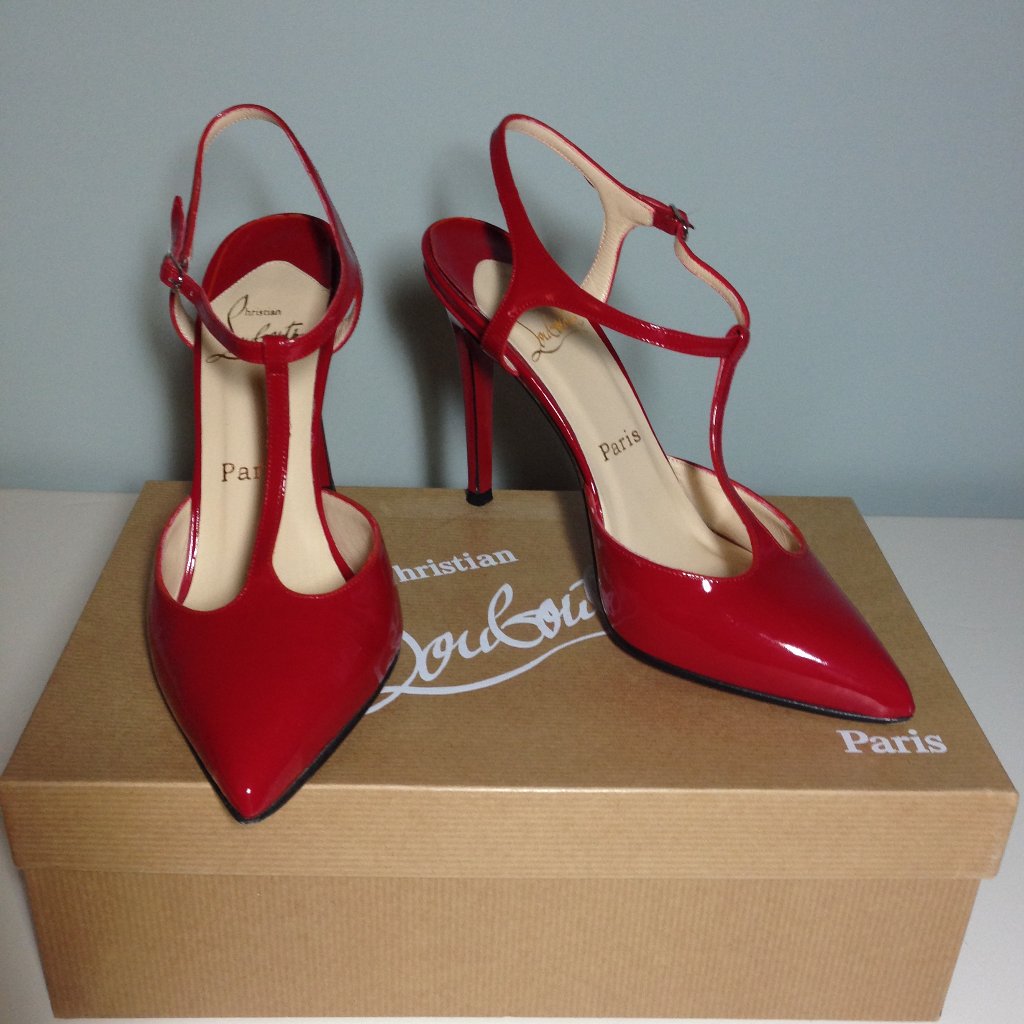 Authentic Christian Louboutin Patent Leather T Strap Heels Like New